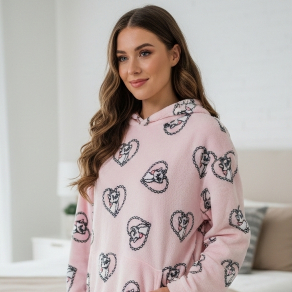 Disney Tops - Disney Marie Aristocats Pink Heart Patterned Fleece Hoodie W/ Pockets